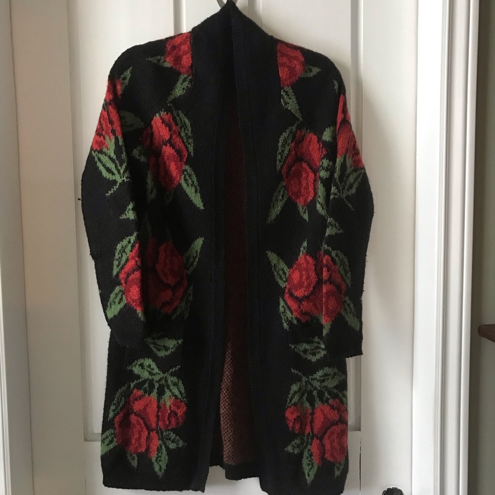 Cynthia Rowley Black Cardigan with Red Floral Design